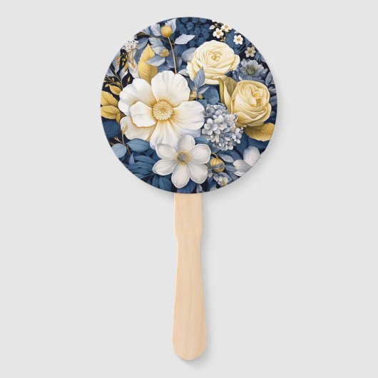 Marine, Wit en Goud Bloemen Bruiloft Handwaaier (Achterkant)
