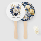 Marine, Wit en Goud Bloemen Bruiloft Handwaaier (Voorkant en achterkant)