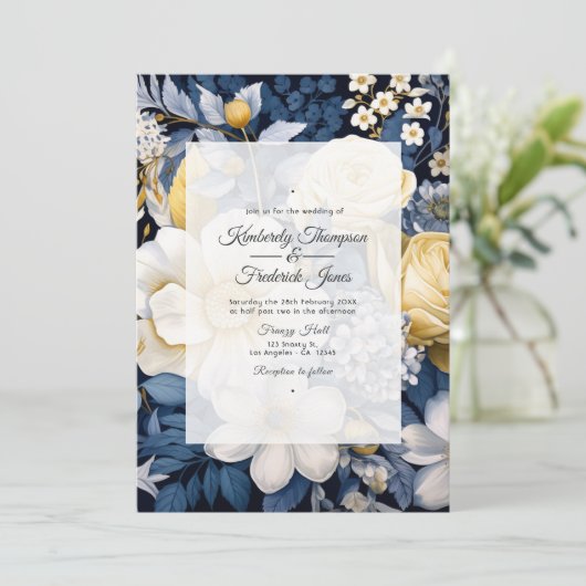 Marine, Wit en Goud Bloemen Bruiloft Kaart (Staand voorkant)