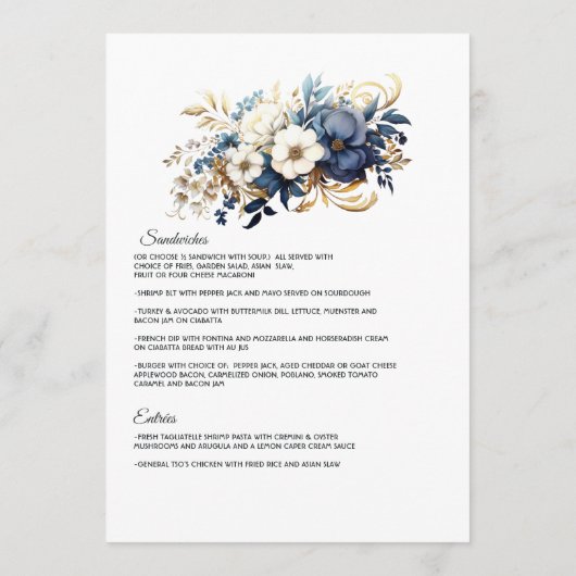 Marine, Wit en Goud Bloemen Bruiloft Menu (Achterkant)
