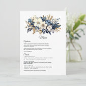 Marine, Wit en Goud Bloemen Bruiloft Menu (Staand voorkant)