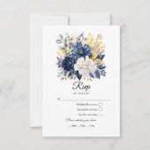 Marine, Wit en Goud Bloemen Bruiloft RSVP Kaartje (Voorkant)