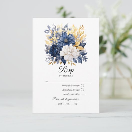 Marine, Wit en Goud Bloemen Bruiloft RSVP Kaartje (Staand voorkant)