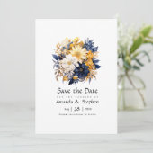 Marine, wit en goud bloemenhuwelijk save the date (Staand voorkant)
