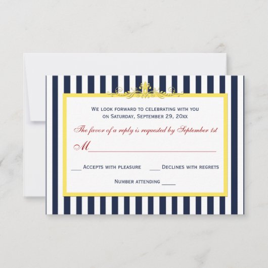 Marine, Wit, Geel, Rode Gestreepte Scroll RSVP Kaa Kaartje (Voorkant)