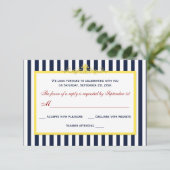Marine, Wit, Geel, Rode Gestreepte Scroll RSVP Kaa Kaartje (Staand voorkant)