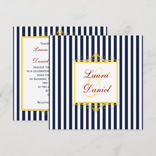 Marine, Wit, Geel, Rode Strepen & Rollen nodigen u Kaart (Voorkant / Achterkant)