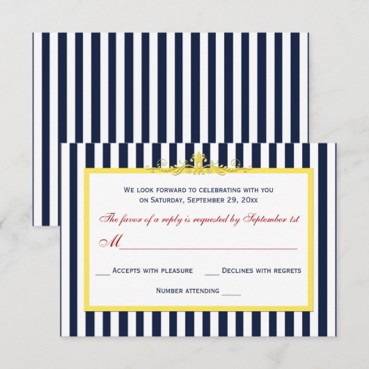Marine, Wit, Geel, Rood Gestreept Scroll RSVP Kaar (Voorkant / Achterkant)