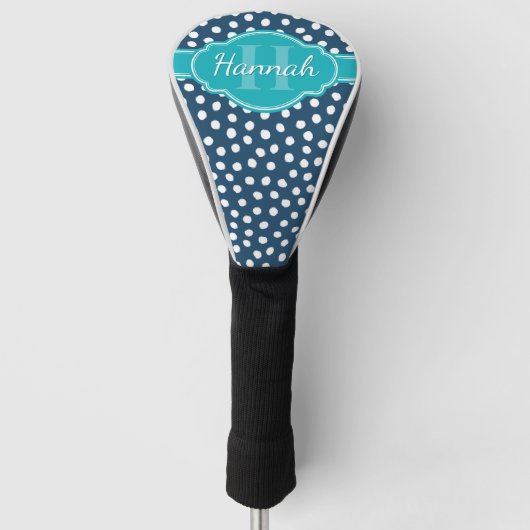 Marine wit gestippeld patroon en teal monogram golfheadcover (Voorkant)