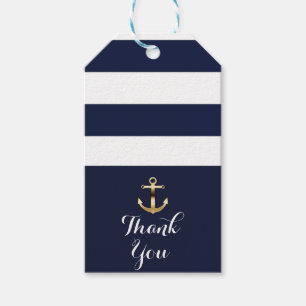 Marine Wit & Goud Anker Scheepsstrepen Trouwdag Cadeaulabel