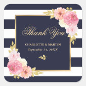 Marine Wit Goud Roze Bloem Bruiloft Bedankt Vierkante Sticker (Voorkant)