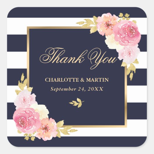 Marine Wit Goud Roze Bloem Bruiloft Bedankt Vierkante Sticker (Voorkant)