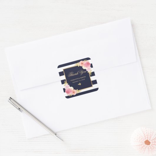 Marine Wit Goud Roze Bloem Bruiloft Bedankt Vierkante Sticker (Envelop)