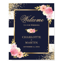 Marine Wit Goud Roze Bloemen Huwelijk Welkom Teken