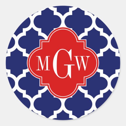 Marine Wit Marokkaans #5 Rood 3 Initiaal Monogram Ronde Sticker (Voorkant)