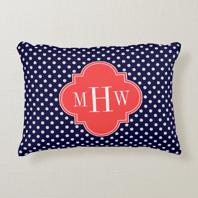 Marine Wit Stip Koraal Rood Quatrefoil 3 Monogram Accent Kussen (Voorkant)