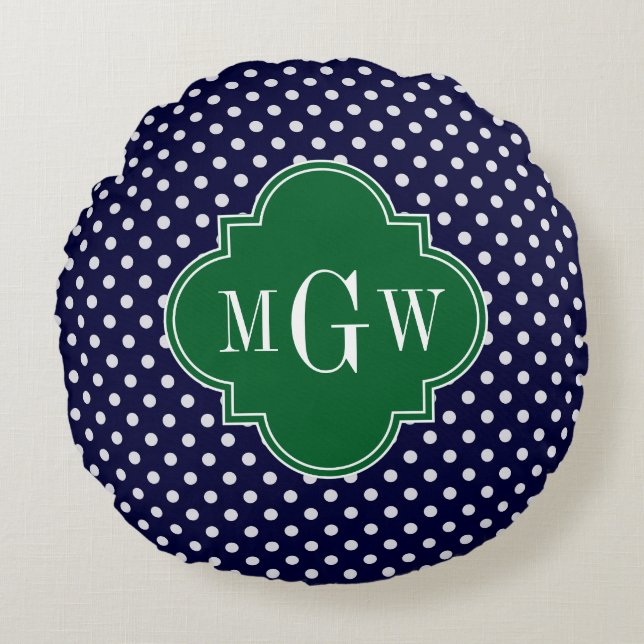 Marine Wit Stippen Bos Quatrefoil 3 Monogram Rond Kussen (Voorkant)