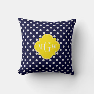 Marine Wit Stippen Gele Vierlob 3 Monogram Kussen