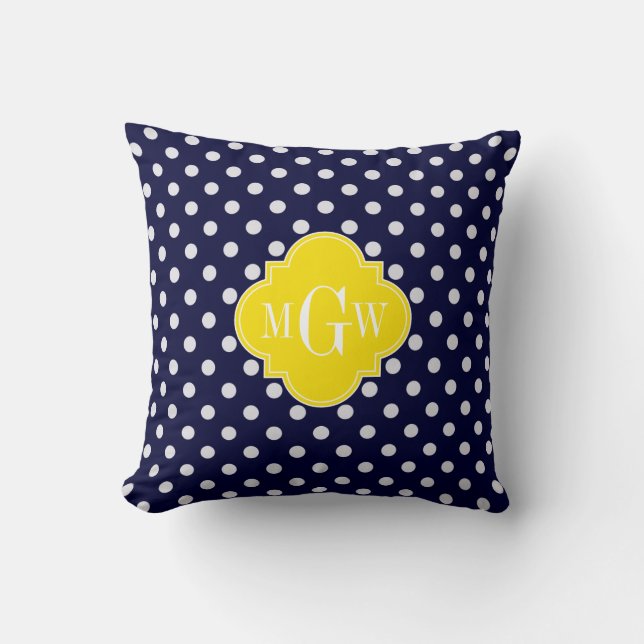 Marine Wit Stippen Gele Vierlob 3 Monogram Kussen (Voorkant)