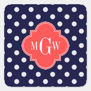 Marine Wit Stippen Koraal Quatrefoil 3 Monogram Vierkante Sticker