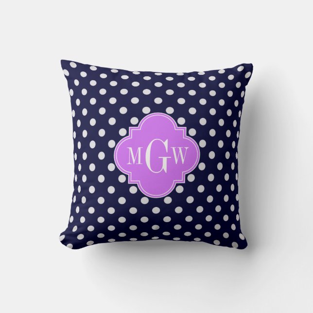 Marine Wit Stippen Lilac Vierblad 3 Monogram Kussen (Voorkant)