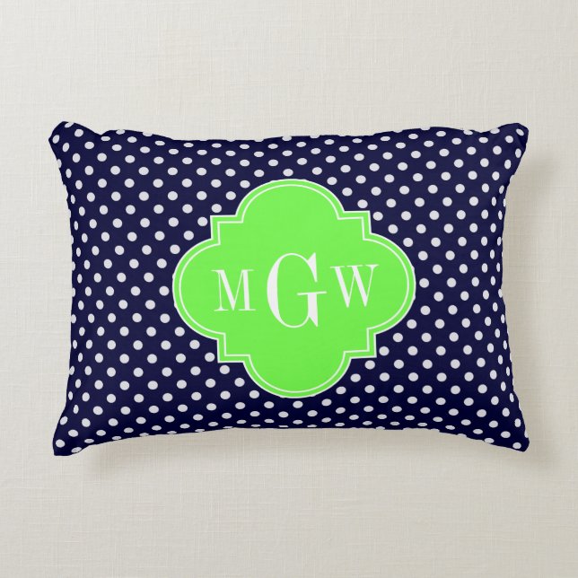 Marine Wit Stippen Lime Quatrefoil 3 Monogram Decoratief Kussen (Voorkant)
