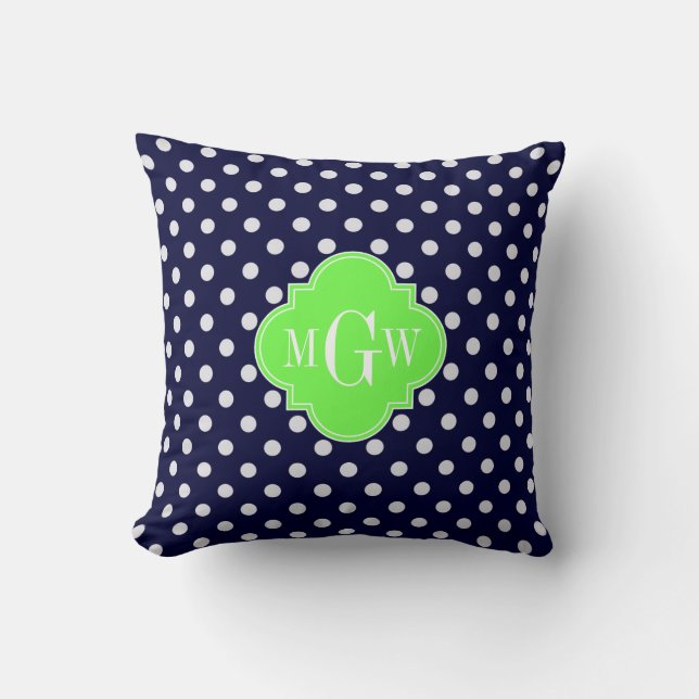 Marine Wit Stippen Lime Quatrefoil 3 Monogram Kussen (Voorkant)