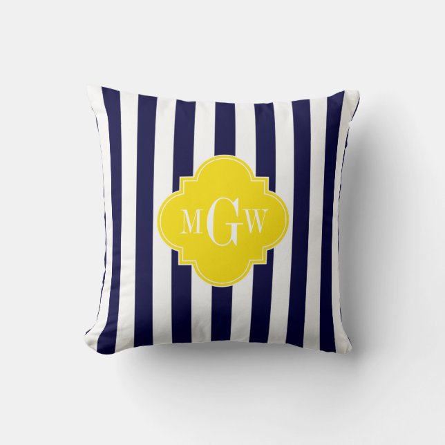 Marine Wit Streep Geel Quatrefoil 3 Monogram Kussen (Voorkant)