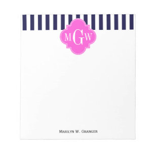 Marine Wit Streep Heet Roze Quatrefoil 3 Monogram Notitieblok