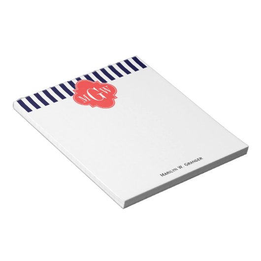 Marine Wit Streep Koraalrood Vierblad 3 Monogram Notitieblok (Schuin)