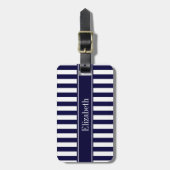 Marine Wit Streep Marine Blauwe Lint Naam Monogram Bagagelabel (Voorkant verticaal)
