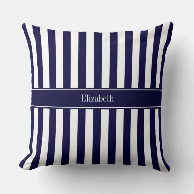 Marine Wit Streep Marine Blauwe Lint Naam Monogram Kussen (Voorkant)