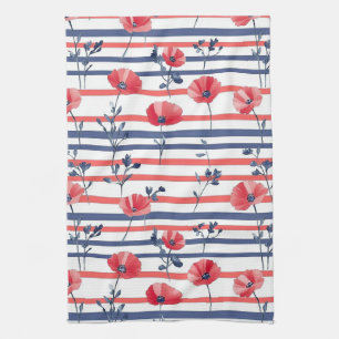 Marine Wit Streep Rode Klaproos Kust Bloemen Theedoek