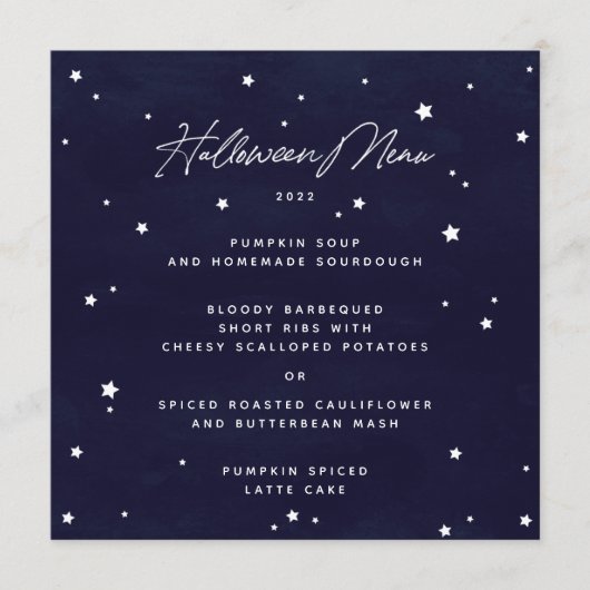 Marine/Wit Verspreid Sterren Vierkant/Rond Hallowe Menu (Voorkant)