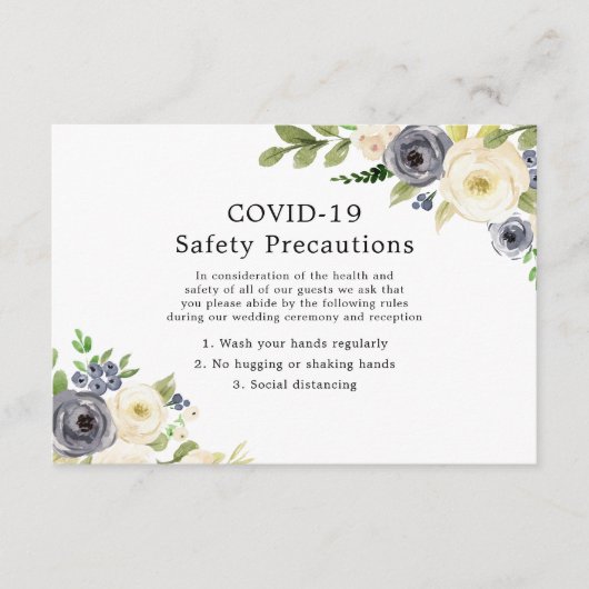 Marine & Witte Bloem Bruiloft COVID-19 Veiligheid Informatiekaartje (Voorkant)