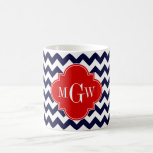 Marine Witte Chevron Rode Quatrefoil 3 Monogram Koffiemok