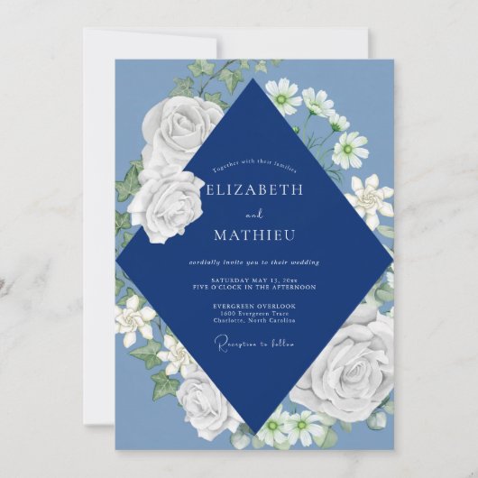 Marine Witte Rozen Bruiloft Kaart (Voorkant)