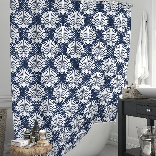 Marine & Witte Seashell Douchegordijn