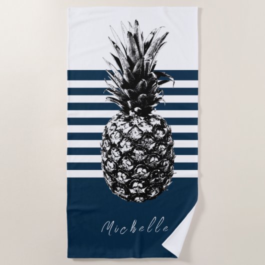 Marine & Witte Streep Ananas | Aangepast Strandlaken (Voorkant)
