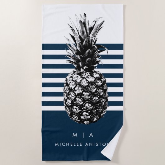 Marine & Witte Streep Ananas | Monogram Aangepast Strandlaken (Voorkant)