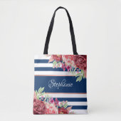 Marine witte streep moderne bloemen gepersonalisee tote bag (Voorkant)