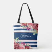 Marine witte streep moderne bloemen gepersonalisee tote bag (Achterkant)