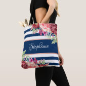 Marine witte streep moderne bloemen gepersonalisee tote bag (Dichtbij)