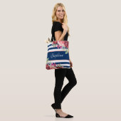 Marine witte streep moderne bloemen gepersonalisee tote bag (Op model)