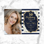 Marine witte strepen gouden foto 50e verjaardag kaart<br><div class="desc">Elegante bloemenvrouwelijke 50e verjaardagsuitnodiging met uw foto. Glam marine wit roze ontwerp met faux glitter goud. Beschikt over marineblauwe en witte strepen, rozen, scriptlettertype en confetti. Perfect voor een stijlvol volwassen feestje. Personaliseer met je eigen gegevens. Kan voor om het even welke leeftijd worden aangepast! Gedrukte Zazzle-uitnodigingen of direct download...</div>