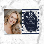Marine witte strepen zilveren foto 50e verjaardag kaart<br><div class="desc">Elegante bloemenvrouwelijke 50e verjaardagsuitnodiging met uw foto. Glam marine wit roze ontwerp met faux glitter zilver. Beschikt over marineblauwe en witte strepen, rozen, scriptlettertype en confetti. Perfect voor een stijlvol volwassen feestje. Personaliseer met je eigen gegevens. Kan voor om het even welke leeftijd worden aangepast! Gedrukte Zazzle-uitnodigingen of direct download...</div>