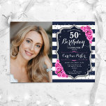 Marine Witte Strepen Zilveren Roze Foto 50e Verjaa Kaart<br><div class="desc">Elegante vrouwelijke 50ste verjaardag uitnodiging met uw foto. Glam marine wit roze ontwerp met faux glitter zilver. Beschikt over marineblauwe en witte strepen, roze rozen, script lettertype en confetti. Perfect voor een stijlvol volwassen feestje. Personaliseer met je eigen gegevens. Kan voor om het even welke leeftijd worden aangepast! Gedrukte Zazzle-uitnodigingen...</div>