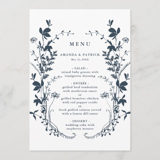 Marine & Witte Wildbloem Silhouet Krans Bruiloft Menu (Voorkant)