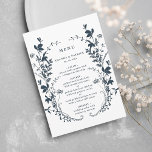 Marine & Witte Wildbloem Silhouet Krans Bruiloft Menu<br><div class="desc">Dit elegante huwelijksmenu heeft een silhouet van wilde bloemen als krans en initialen op de achterkant. Voor meer geavanceerde aanpassing van dit ontwerp,  klikt u op de BLUE DESIGN TOOL BUTTON hierboven! Overeenkomende objecten zijn ook beschikbaar.</div>