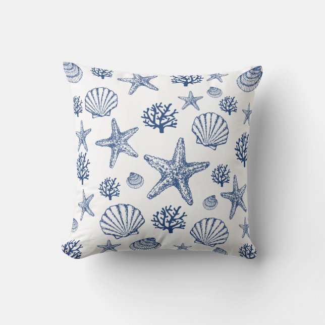 Marine Witte Zee Schelp Patroon Kust Design Kussen (Voorkant)